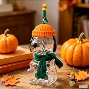 NIB Peanuts Snoopy Glass Cold Cup Fall Pumpkin Beanie Woodstock Straw Topper